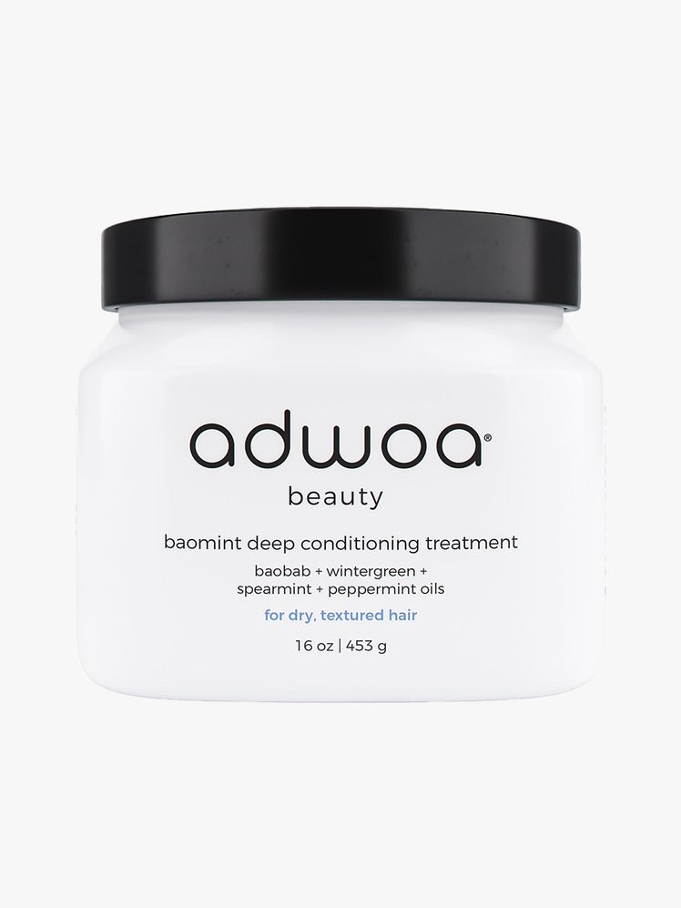Adwoa Baomint Deep Conditioning Treatment white jar with black lid on light gray background