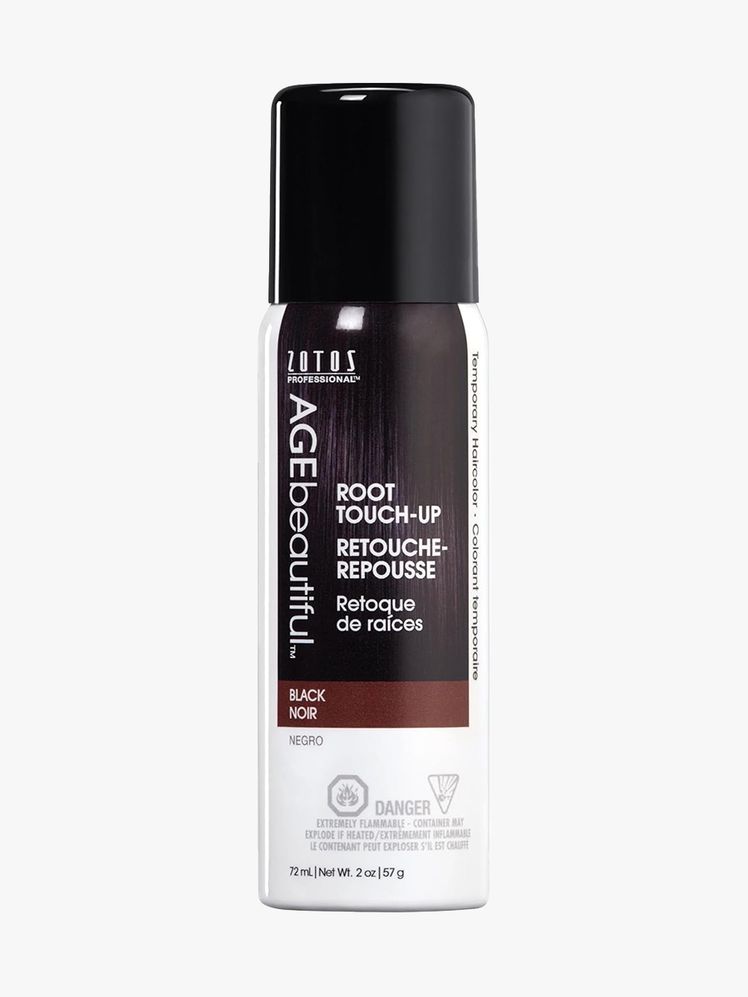 AGEBeautiful Root Touch-Up black and white spray jar on light gray background