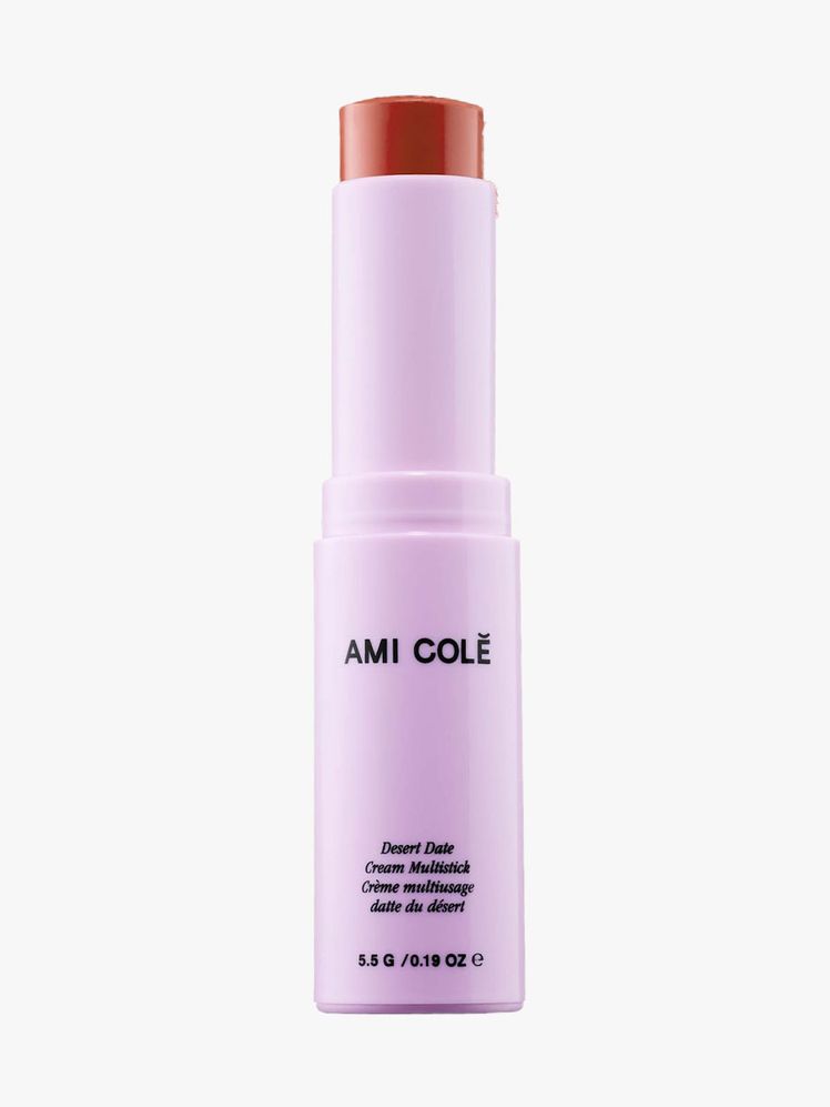 Ami Cole Desert Date Cream Blush  Lip Multistick purple twist up stick of terracotta blush on light gray background