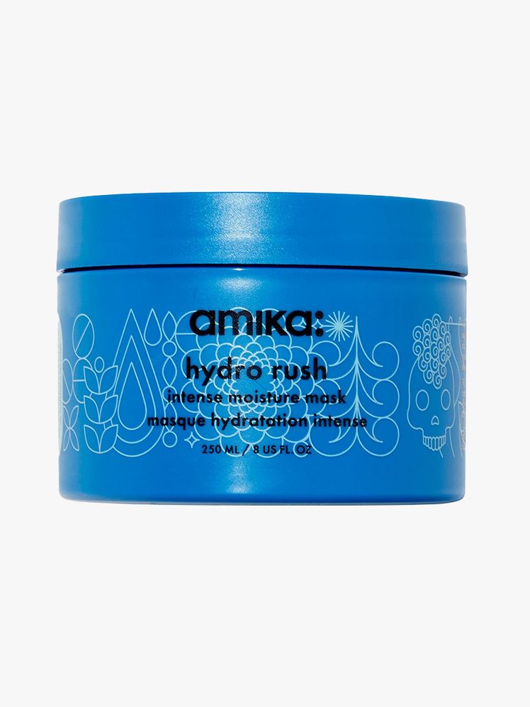 Amika Hydro Rush Intense Moisture Mask blue tube on light gray background