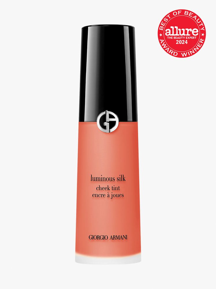 Armani Beauty Luminous Silk Cheek Tint branded component with black cap on a light gray background with red Allure Best...