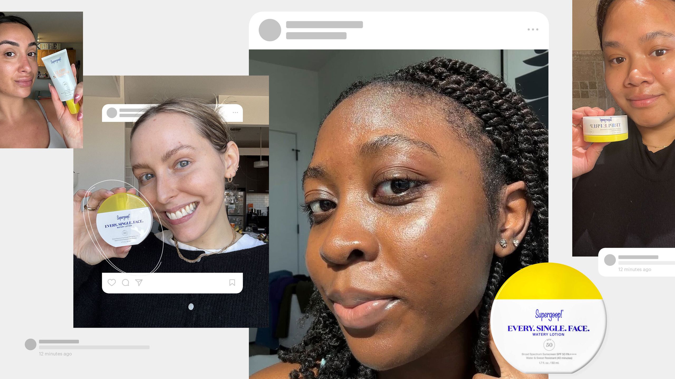 A collage of Allure editors wearing their favorite Supergoop sunscreens