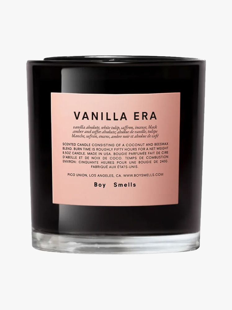 Boy Smells Vanilla Era Scented Candle black jar candle with pink label on light gray background