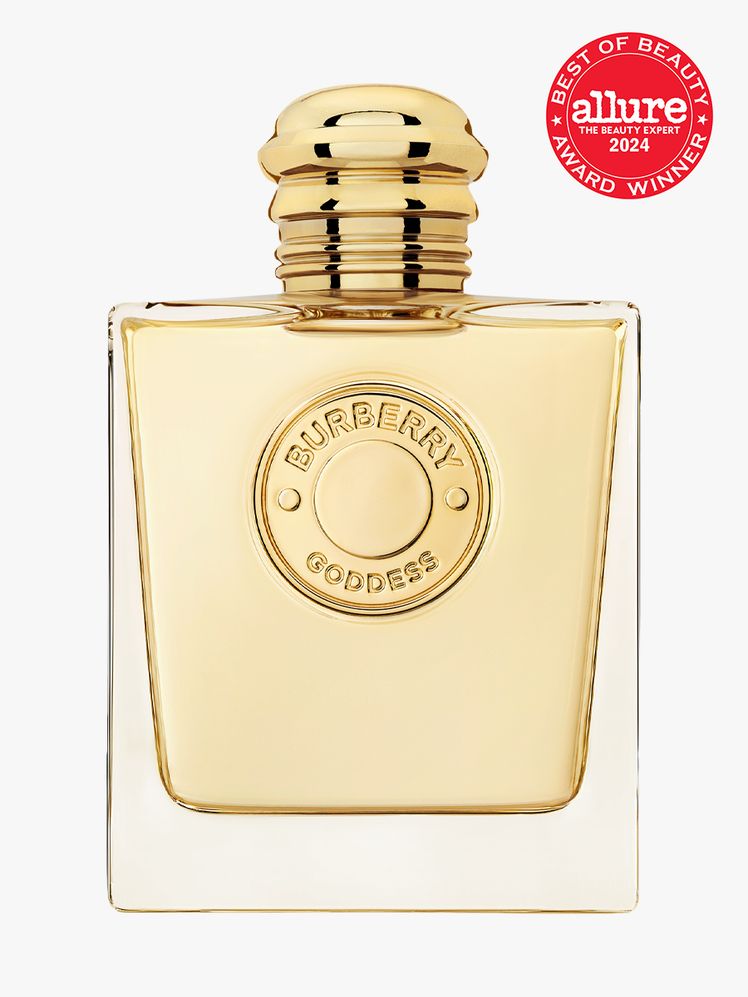 Burberry Goddess Eau de Parfum branded gold bottle component with gold cap on a light gray background with red Allure...