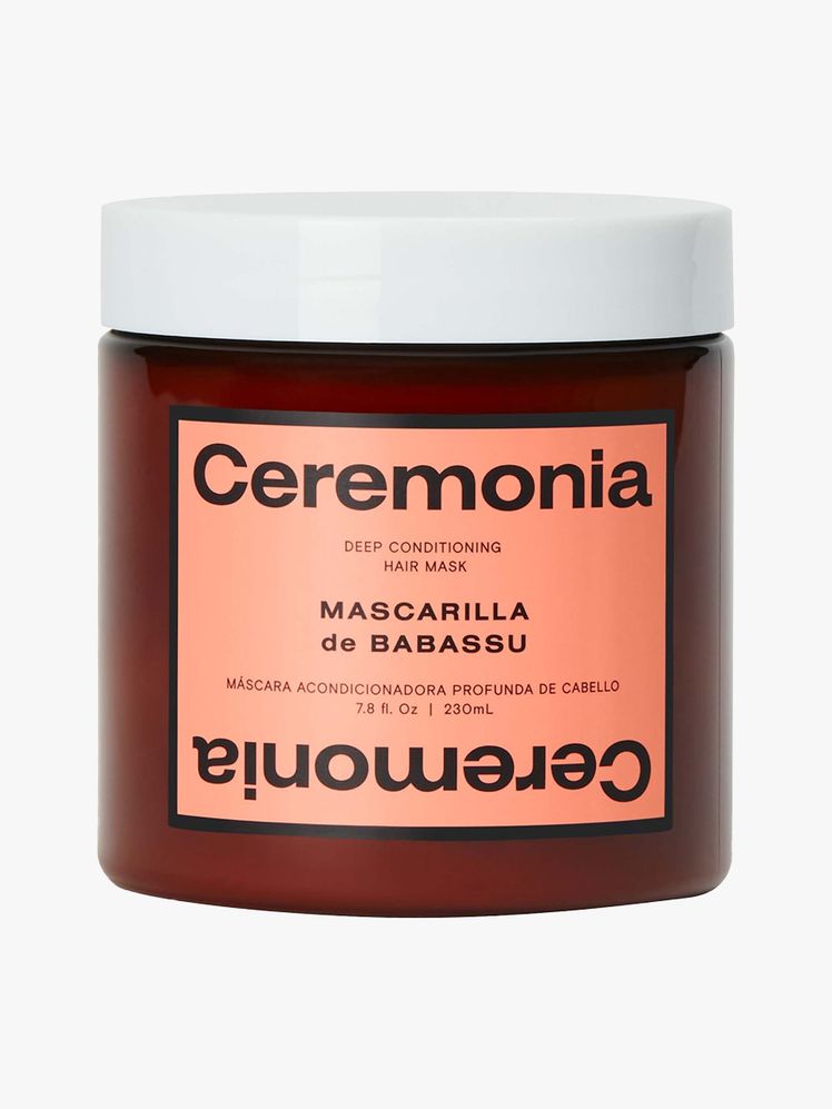 Ceremonia Mascarilla de Babassu Hydrating Hair Mask brown jar with peach label and white lid on light gray background