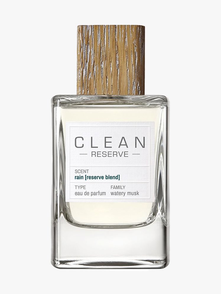 Clean Reserve Classic Rain Eau de Parfum rectangle bottle of perfume with a wood cap on light gray background