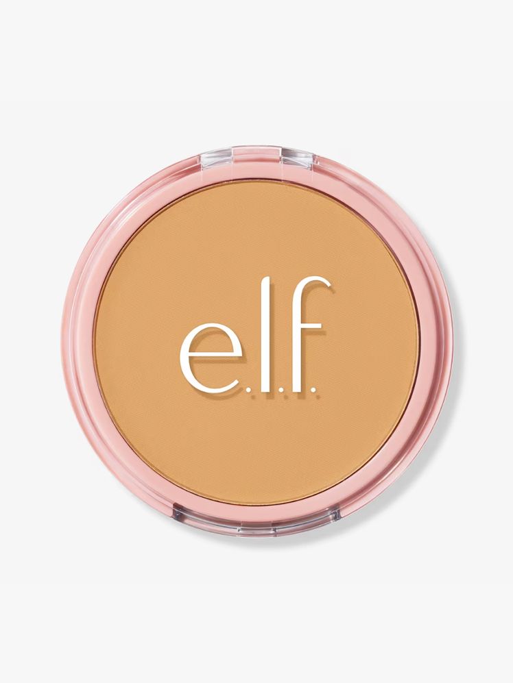 E.L.F. Halo Glow Powder Filter Pressed Powder round pink compact of setting powder on light gray background