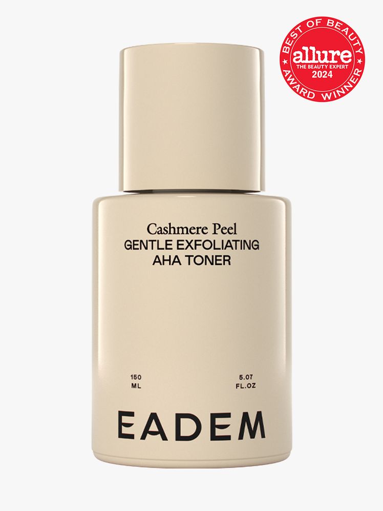 exfoliating toner in branded beige bottle with cap on light gray background with red and white 2024 allure best of...