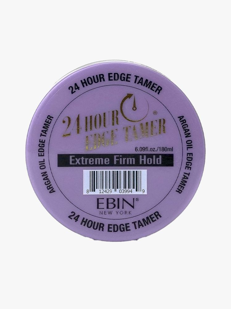 Ebin New York 24 Hour Edge Tamer purple jar on light gray background