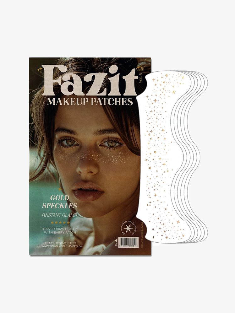 Fazit Makeup Patches sheets of gold makeup speckles and box with a girl's face on it on light gray background