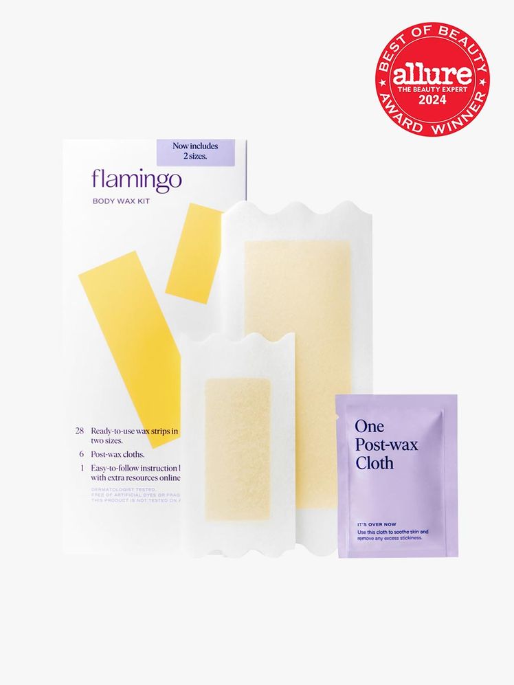Flamingo Body Wax Kit inclusive of 20 large strips 8 medium strips and 6 postwax cloths on a light gray background with...