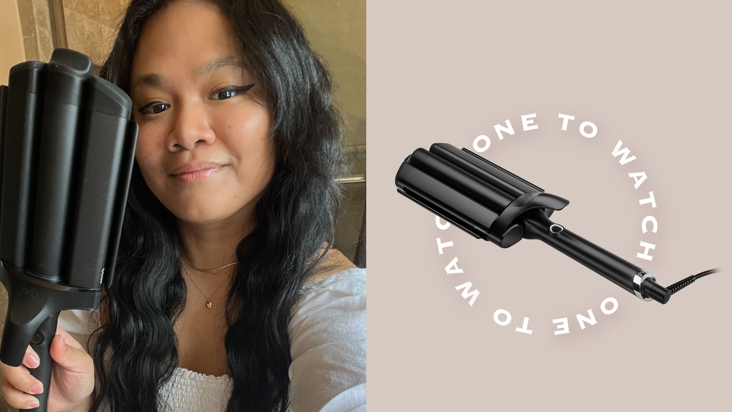 Left senior editor Jesa Calaor with wavy hair holding hot tool right the GHD waver an Allure One to Watch award winner