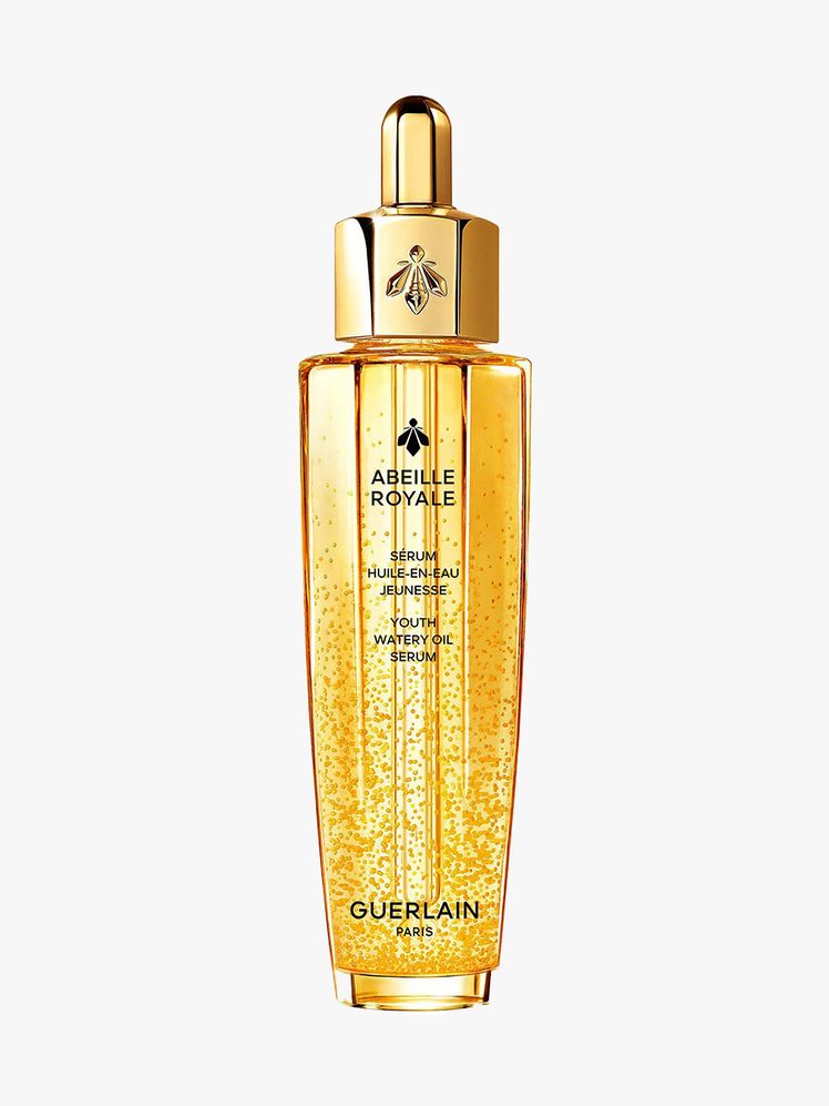 Guerlain Abeille Royale Youth Watery Oil Serum tall gold serum bottle on light gray background