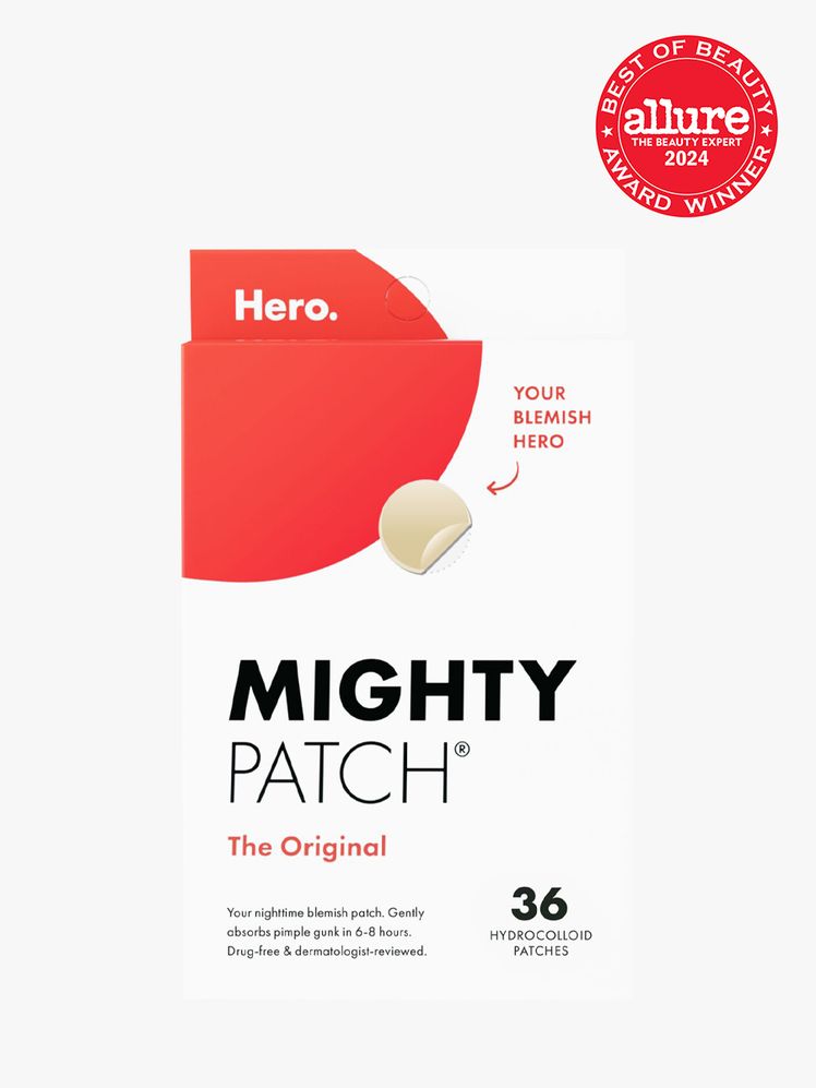 acne patches in branded white and red box packaging on light gray background with red and white 2024 allure best of...