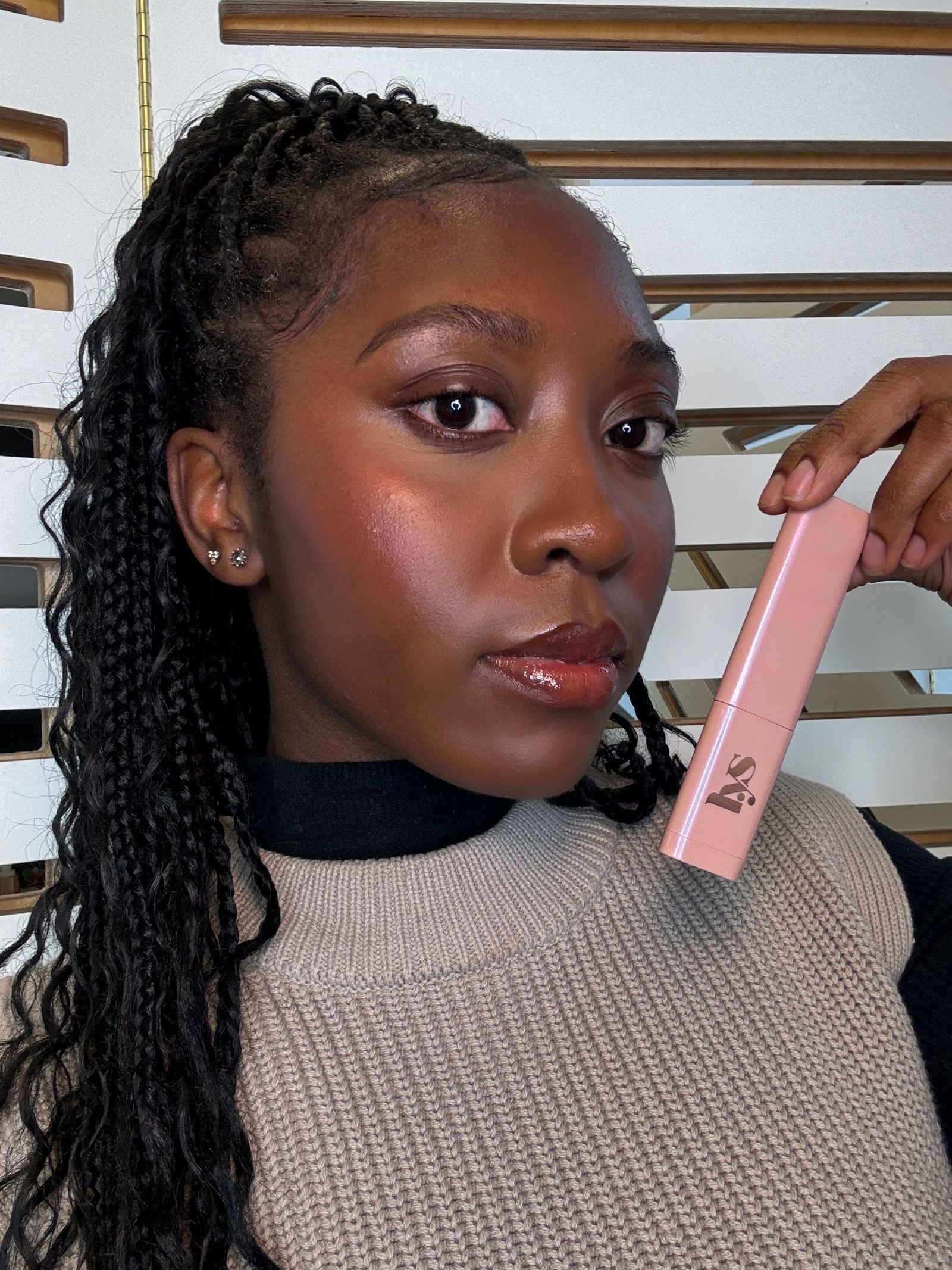 Annie Blay wearing the LYS Blush stick in the shade focus.