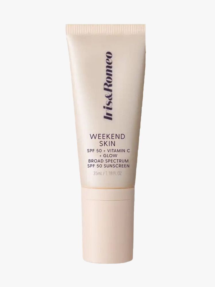 Iris  Romeo Weekend Skin SPF 50 beige tube on light gray background
