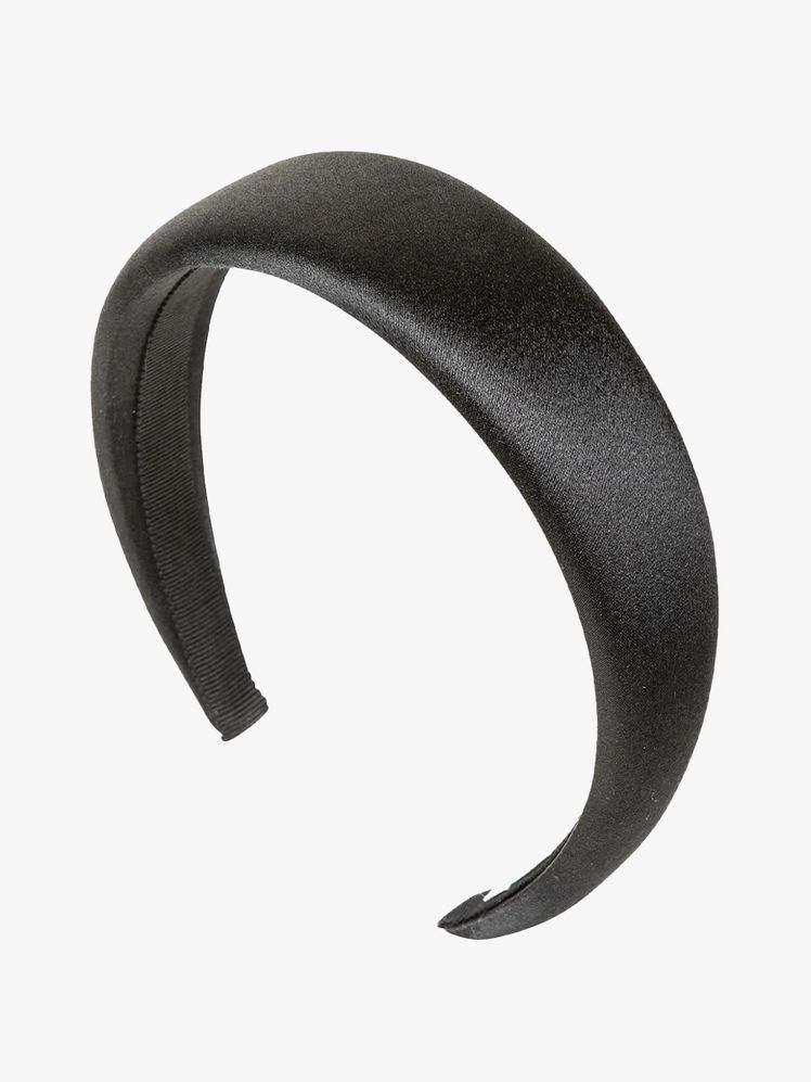 Jennifer Behr Kate Headband black satin headband on light gray background