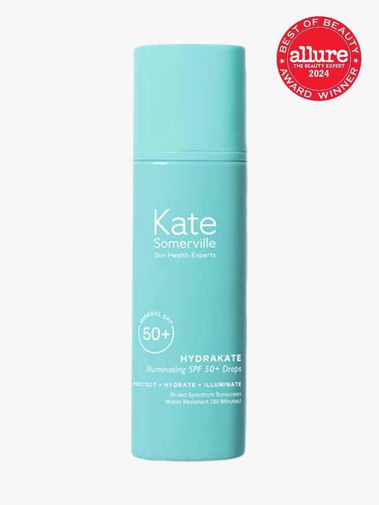 sunscreen in branded light teal bottle with cap on light gray background with red and white 2024 allure best of beauty seal