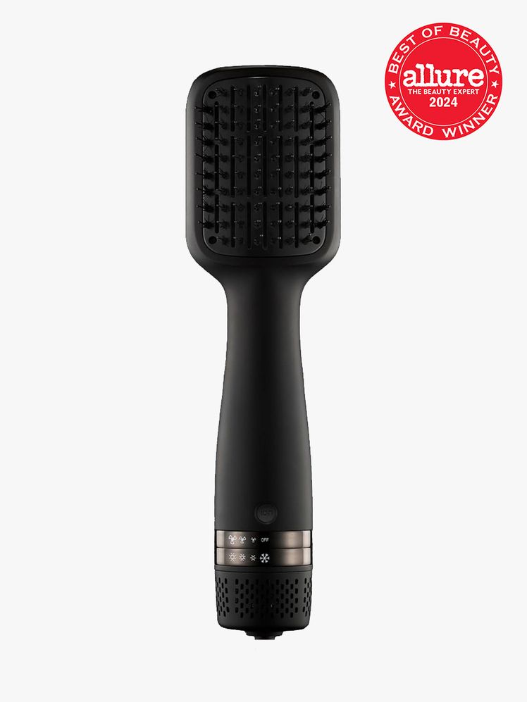 Kristin Ess Volumizing Ceramic Blow Dryer Brush in black with red BoB seal on gray background