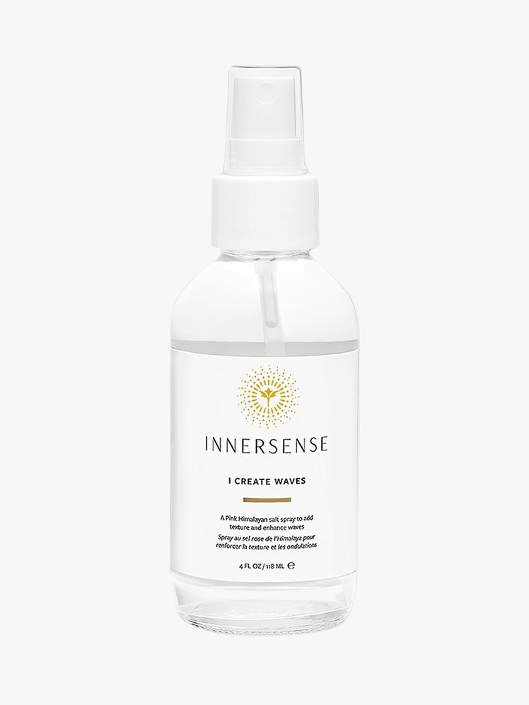 I Create Waves Pink Himalayan Salt Spray clear bottle with white label and cap on light grey background