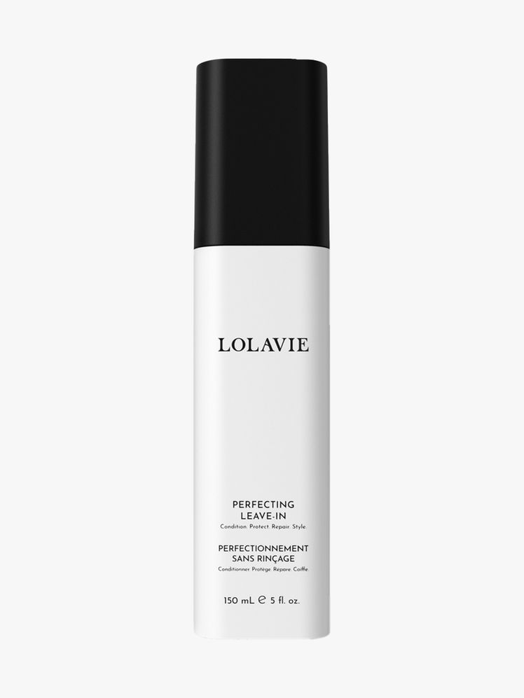 LolaVie Perfecting LeaveIn white rectangle bottle with black cap on light gray background
