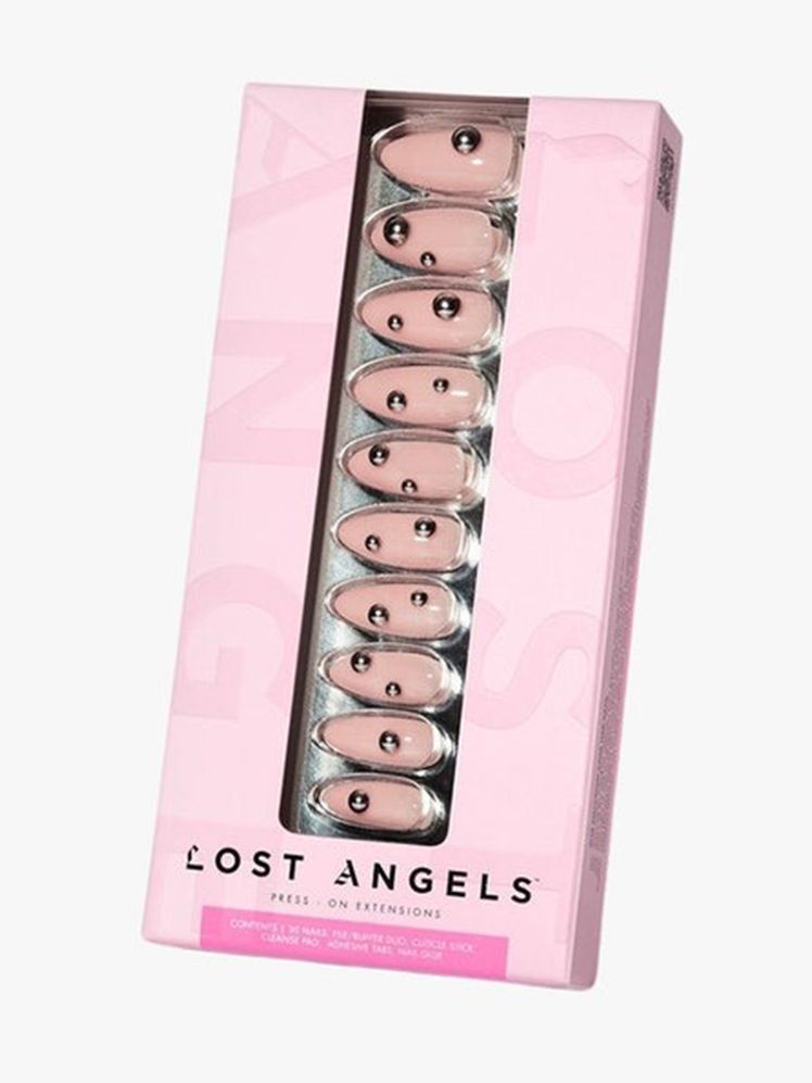 Lost Angels Stop Copying Me PressOns box of nude and metal press ons on light gray background