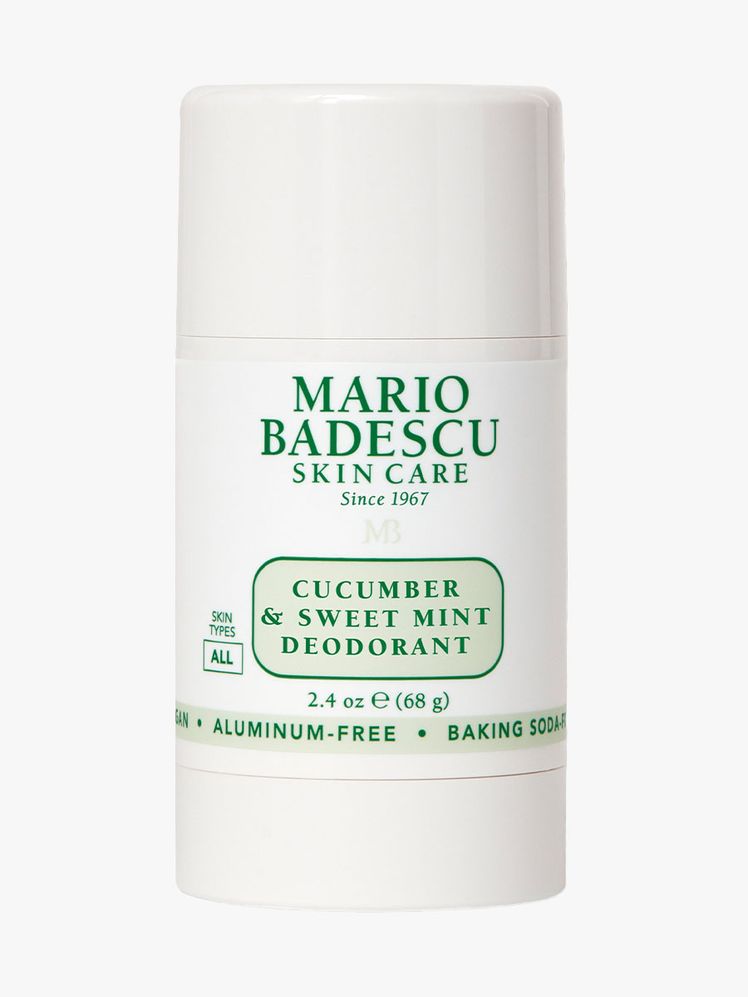 Mario Badescu Cucumber  Sweet Mint Deodorant white and light green stick of deodorant on light gray background