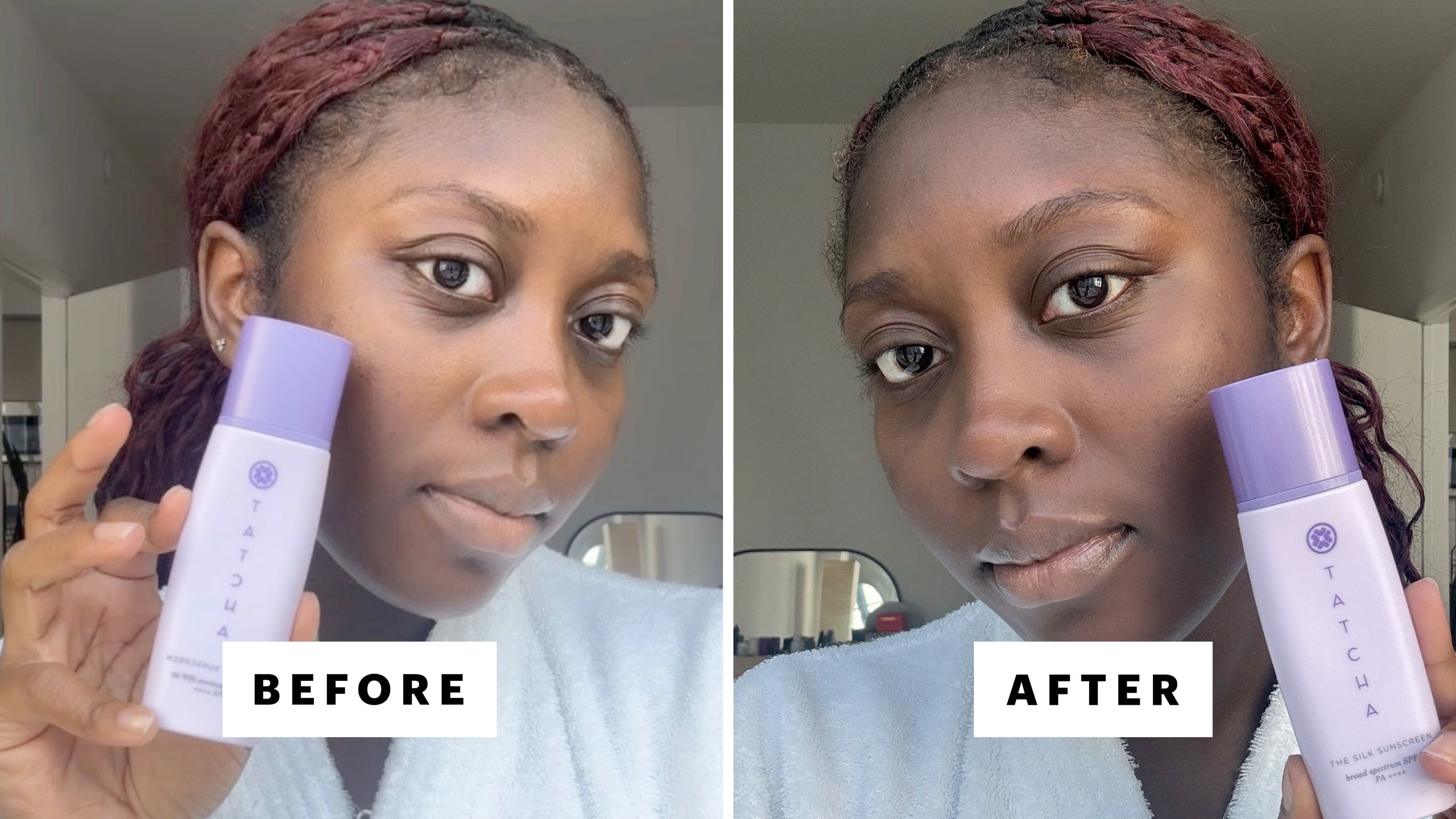 Sidebyside selfies of a person with brown braids pulled back in a ponytail holding a purple bottle of mineral sunscreen...