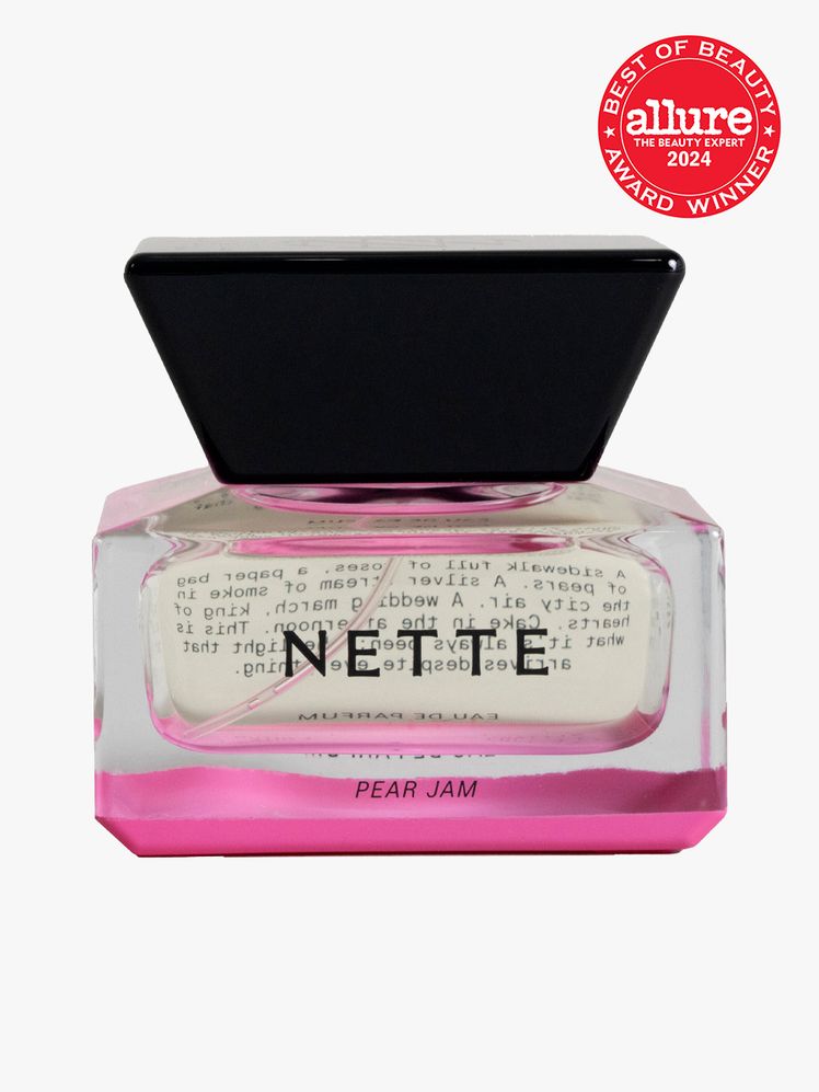 Nette Pear Jam branded bottle component with black cap and black accents on a light gray background with red Allure Best...