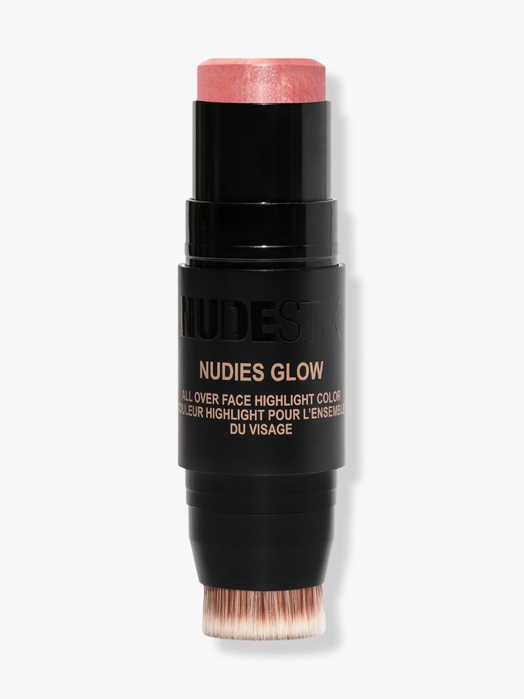 Nudestix Nudies Glow Highlighter Stick black twist up pink shimemry highlighter stick with brush on the other end on light gray background