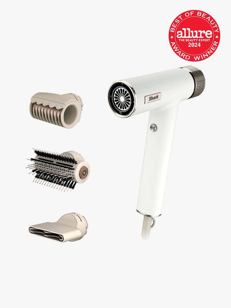 shark speedstyle blow dryer in white and gray color way with three different attachments on light gray background with...