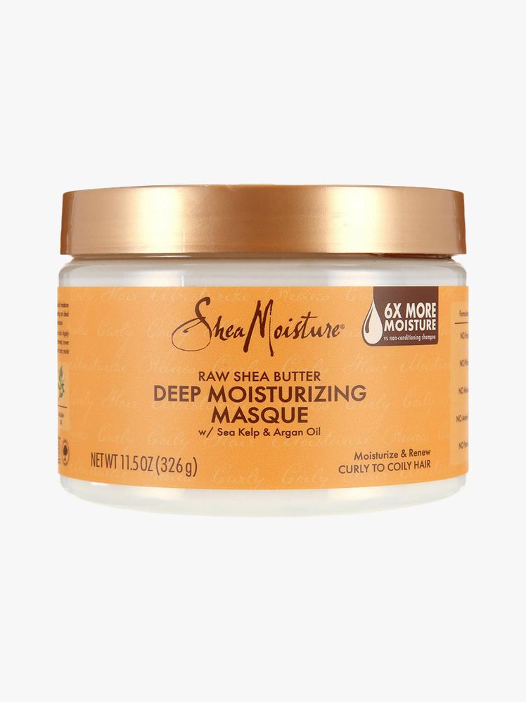 SheaMoisture Raw Shea Butter Deep Moisturizing Hair Masque orange jar with gold lid on light gray background