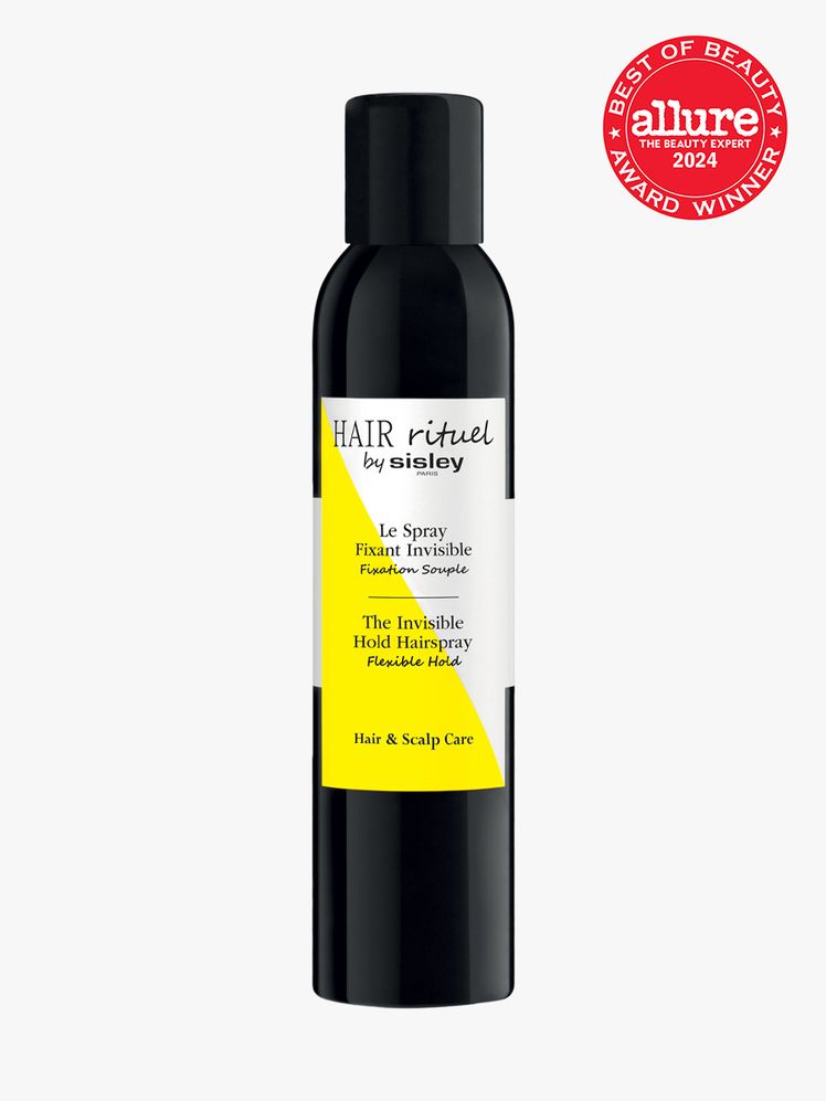 hairspray in branded black aerosol bottle with cap on light gray background with red and white 2024 allure best of...