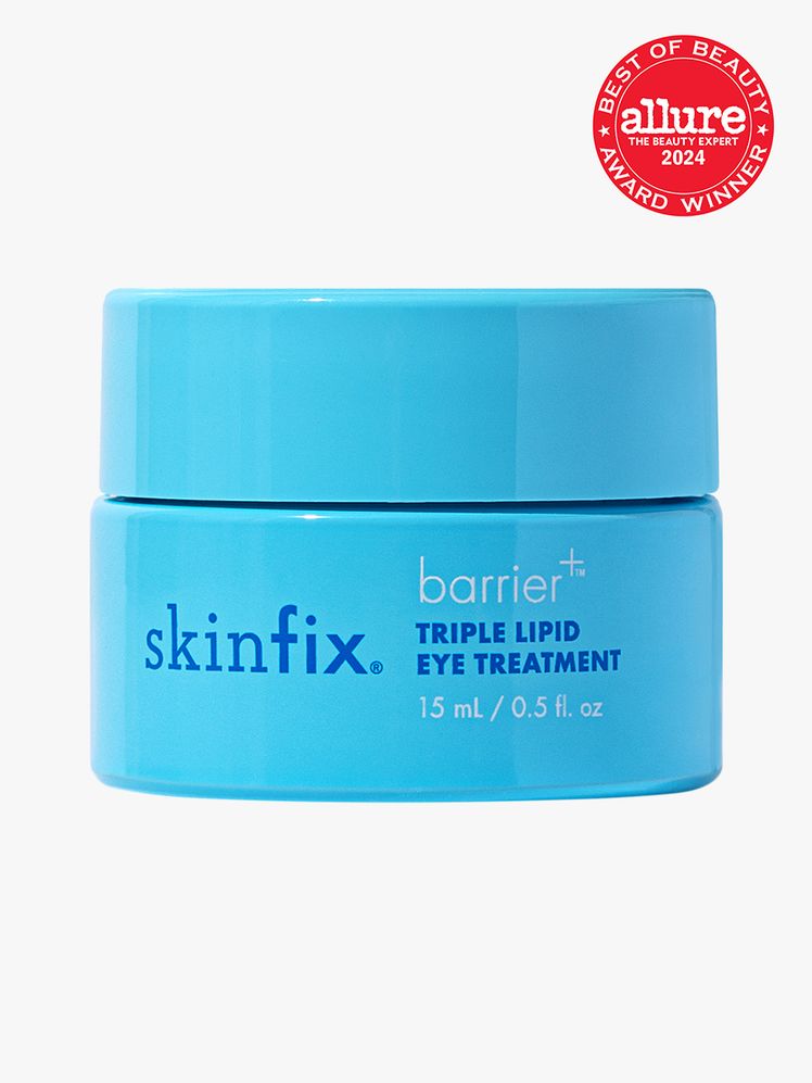Skinfix Triple Lipid  Collagen Eye Treatment turquoise jar on light gray background with red Allure Best of Beauty seal...