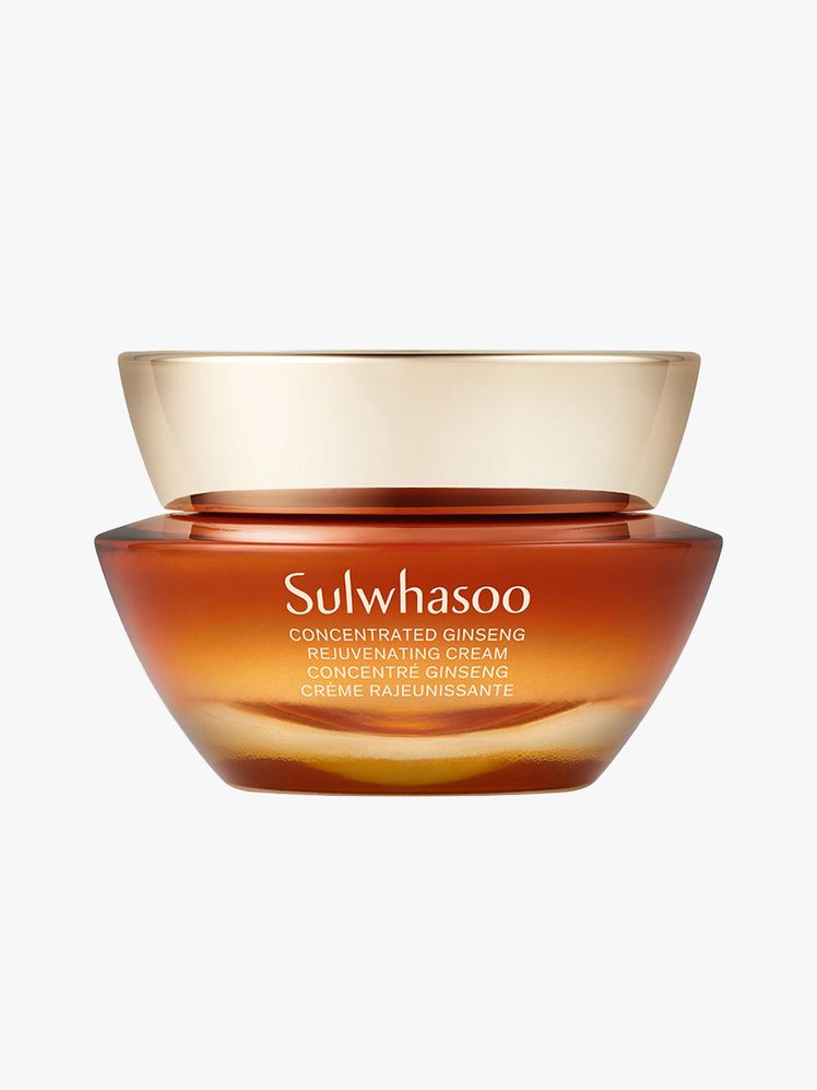Sulwhasoo Concentrated Ginseng Rejuvenating Cream orange jar with a gold cap on light gray background