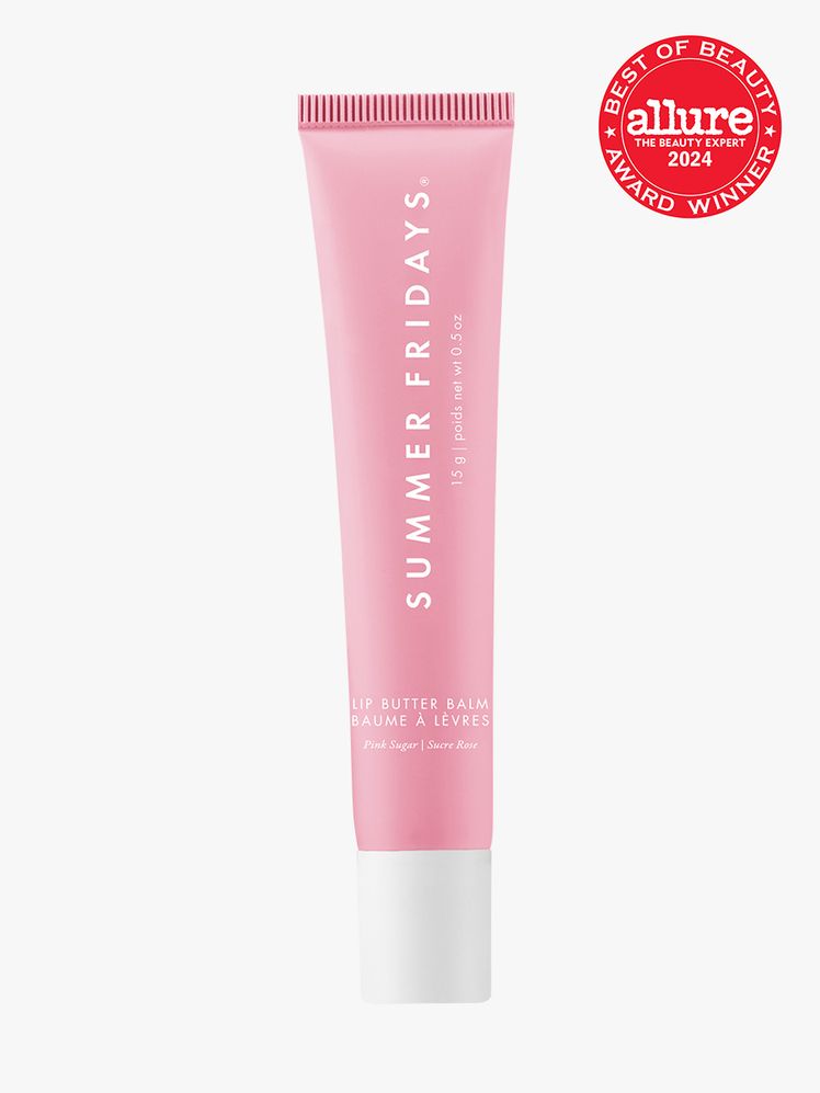 Summer Fridays Lip Butter Balm branded tube component in pink with white cap and white accents on a light gray...
