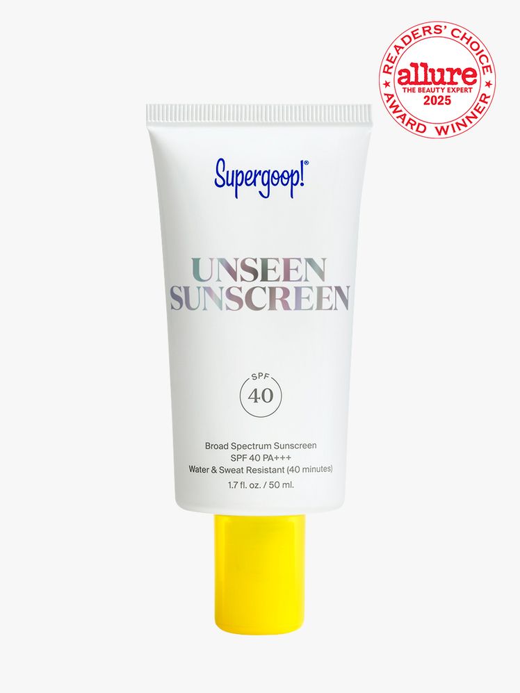 Supergoop Unseen Sunscreen SPF 40 in branded component on a light gray background with white and red Allure Readers' Choice Award seal in the top right corner