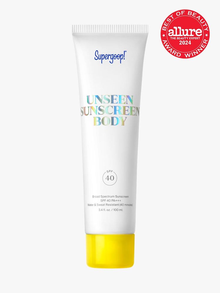 Supergoop Unseen Sunscreen Body SPF 40 branded white tube component with yellow cap on a light gray background with red Allure Best of Beauty seal in the top right corner