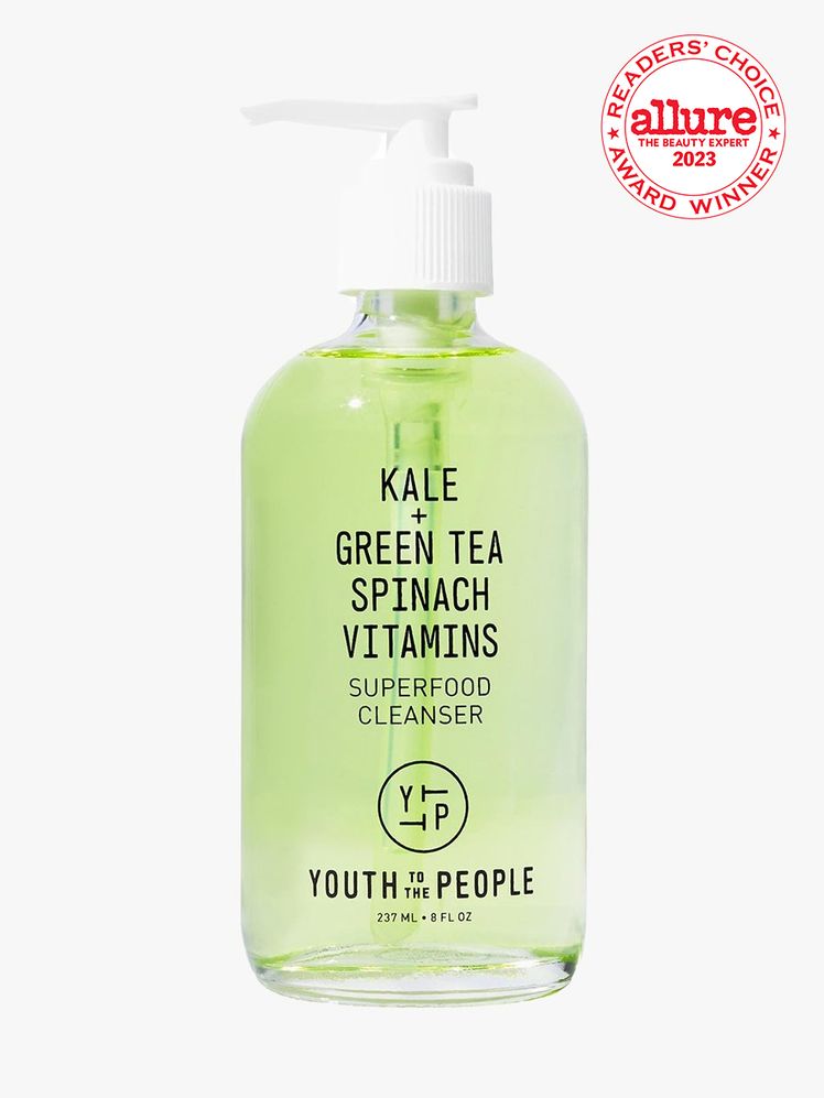 Youth to the People Kale  Green Tea Spinach Vitamins Cleanser bottle of green facial cleanser with white pump cap on...