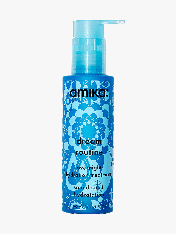 Amika Dream Routine Overnight Hydration Treatment in blue branded component with black accents on a light gray background