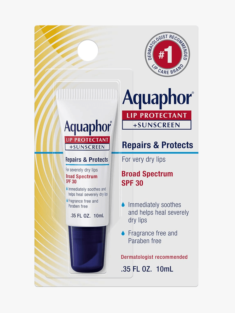 Aquaphor Lip Protectant  Sunscreen Broad Spectrum SPF 30 Sunscreen Lip Balm in branded component on a light gray background