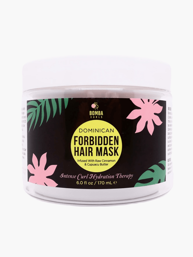 Bomba Curls Forbidden Hair Mask in branded clear tube with white lid on light gray background
