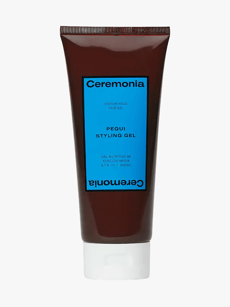Ceremonia Pequi Gel in brown branded tube component with blue accents on a light gray background