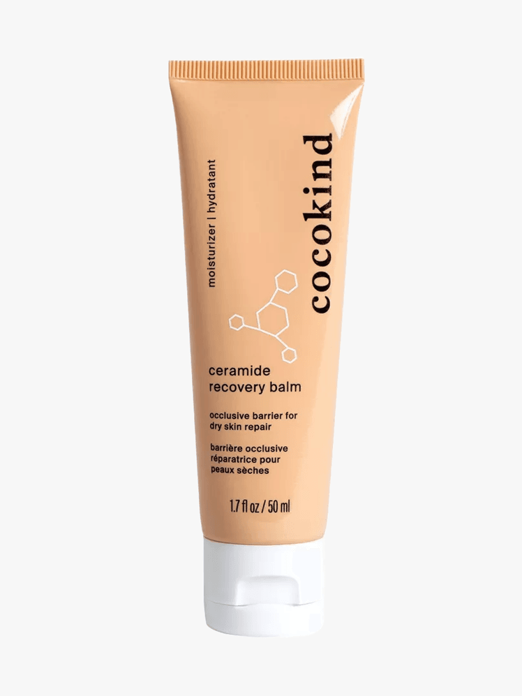 Cocokind Ceramide Recovery Balm in beige branded tube component on a light gray background