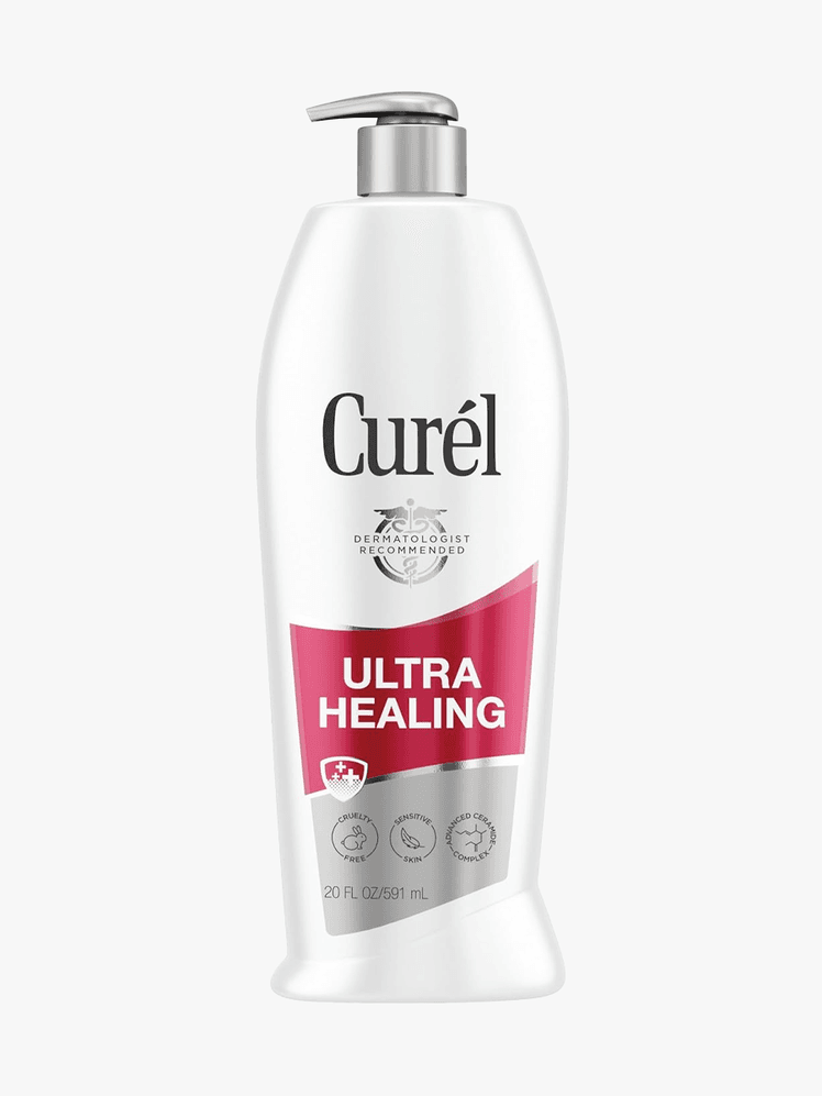 Curel Ultra Healing Lotion in branded bottle component on a light gray background