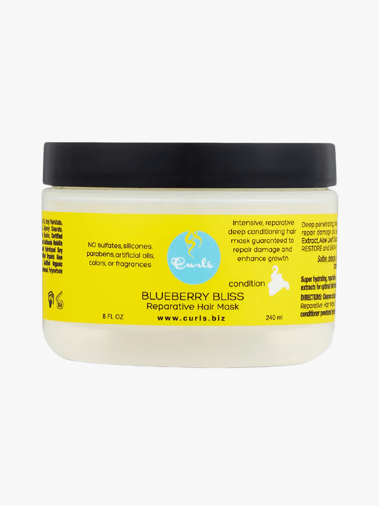 Curls Blueberry Bliss Reparative Hair Mask in branded component on a light gray background