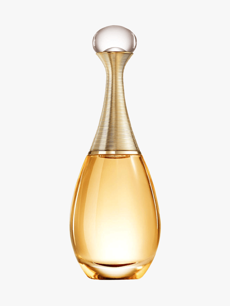 Dior J'adore Eau de Parfum bottle component with gold accents on a light gray background