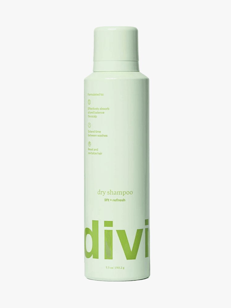 Divi Dry Shampoo in branded component on a light gray background
