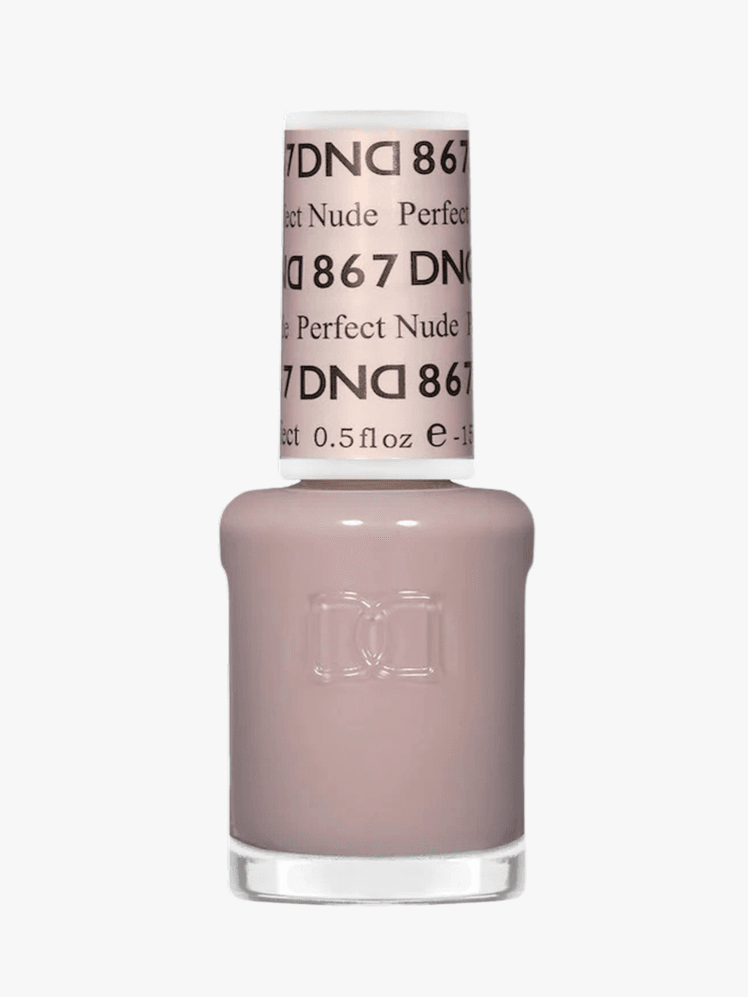 DND Daisy gel nail polish in a nude shade in a clear bottle with DND867 displayed on the cap on a grey background