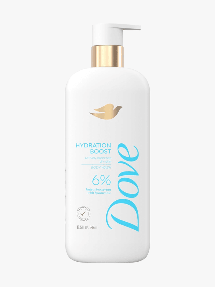 Dove Hydration Boost Serum Body Wash in branded white bottle component on a light gray background